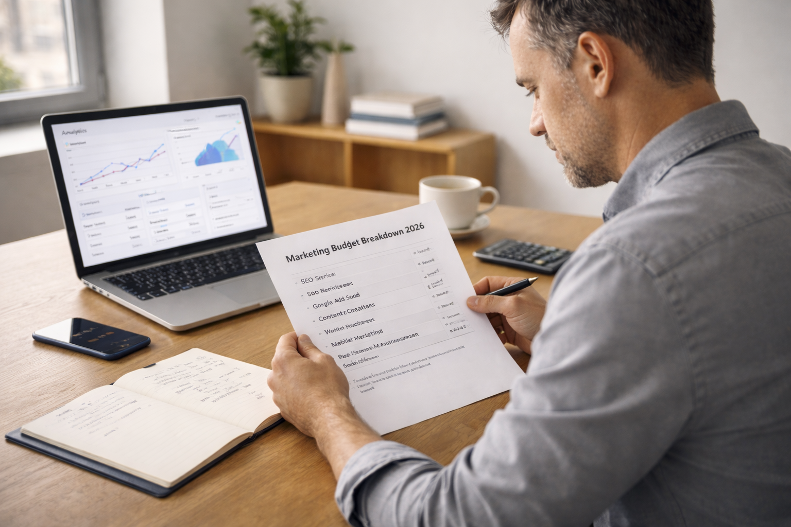 Small business owner reviewing a marketing budget breakdown for 2026 at a desk with laptop analytics, calculator, and notes in a bright office.