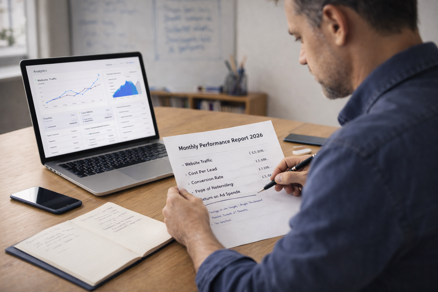 Entrepreneur reviewing a monthly performance report with website traffic and conversion metrics on a laptop in a well-lit office.