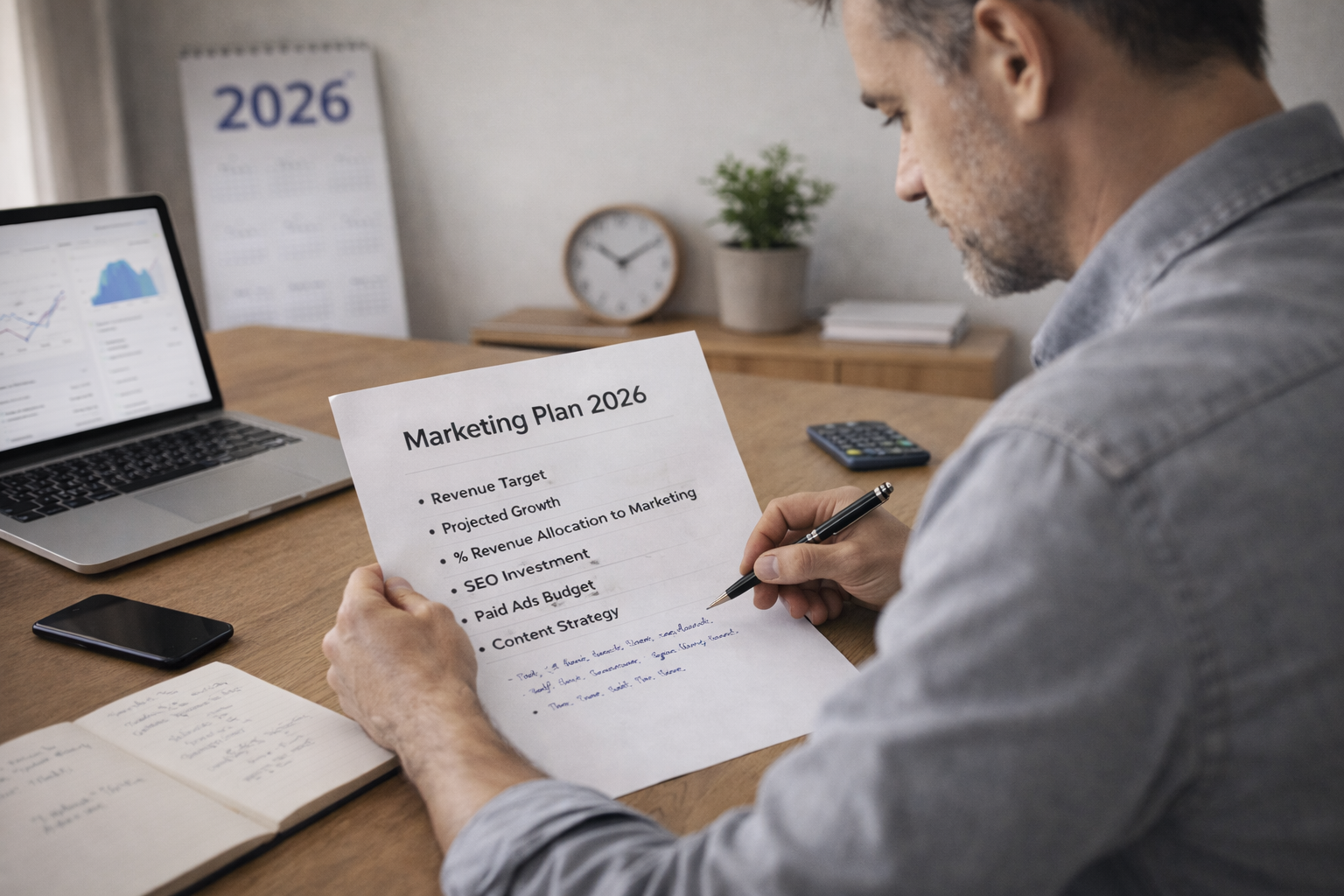 Business owner writing a structured marketing plan for 2026 with revenue targets and budget allocation notes at a wooden desk.